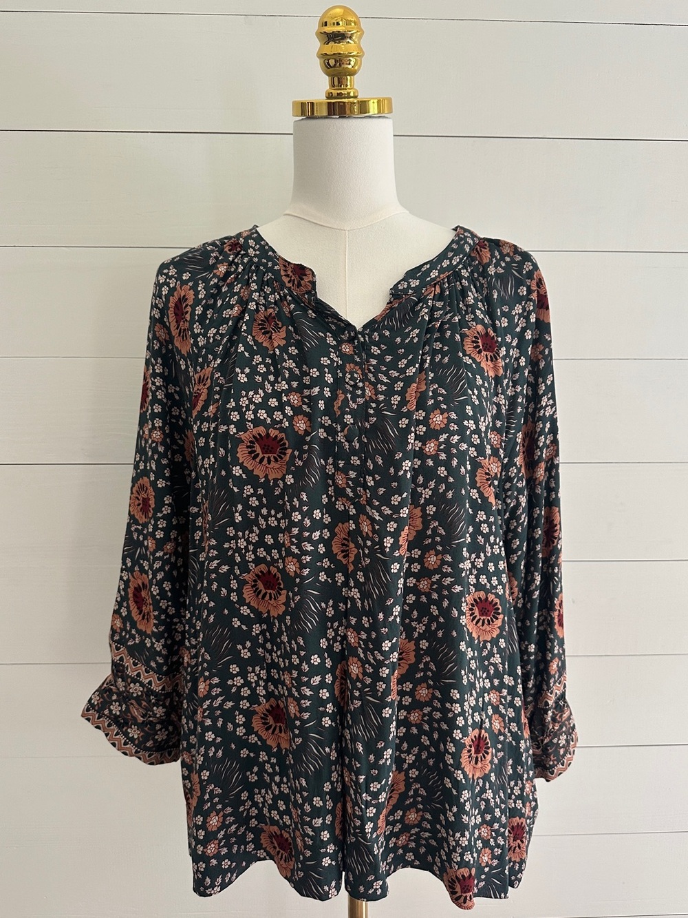 Natalie Martin Green Floral Peasant Tunic with Rust Accents